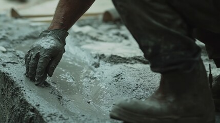 Concrete finisher smoothing a poured surface at a site. Featuring craftsmanship and precision