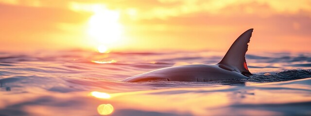 Shark fin emerges from ocean water at sunset.