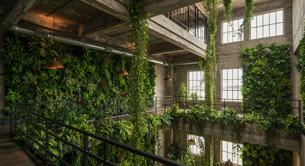 Interior features green walls and hanging plants in a modern, spacious building