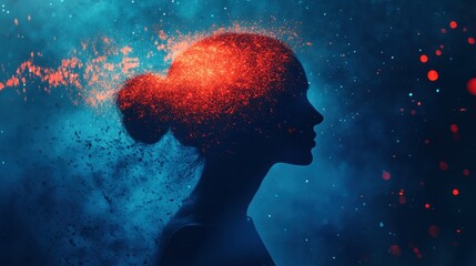 Obraz premium Silhouette of a woman dissolving into glowing red particles against a dark blue background symbolizing transformation energy and the interplay of emotions and thoughts
