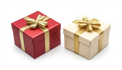 Fototapeta premium Two gift boxes, red and cream, with gold ribbon, studio shot