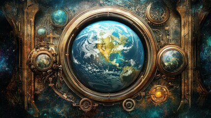 Intricate steampunk globe design with celestial elements in a fantasy setting