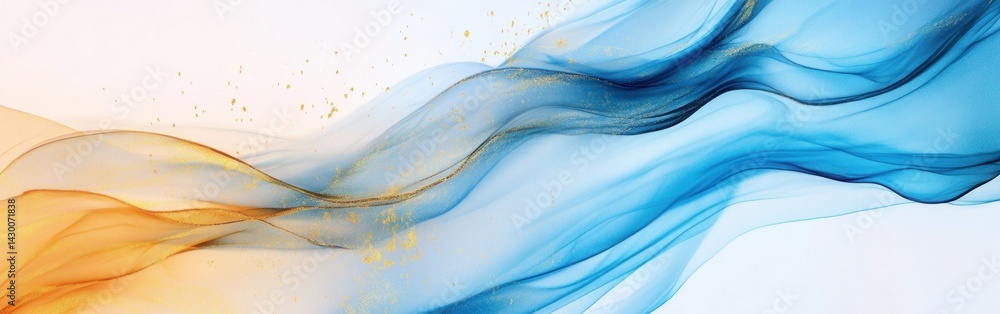 Poster abstract fluid art background in blue and gold with flowing lines, shimmering particles, and gradien
