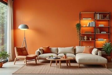 Interior Design Of A Cozy Living Room With Orange Walls And Modern Furniture