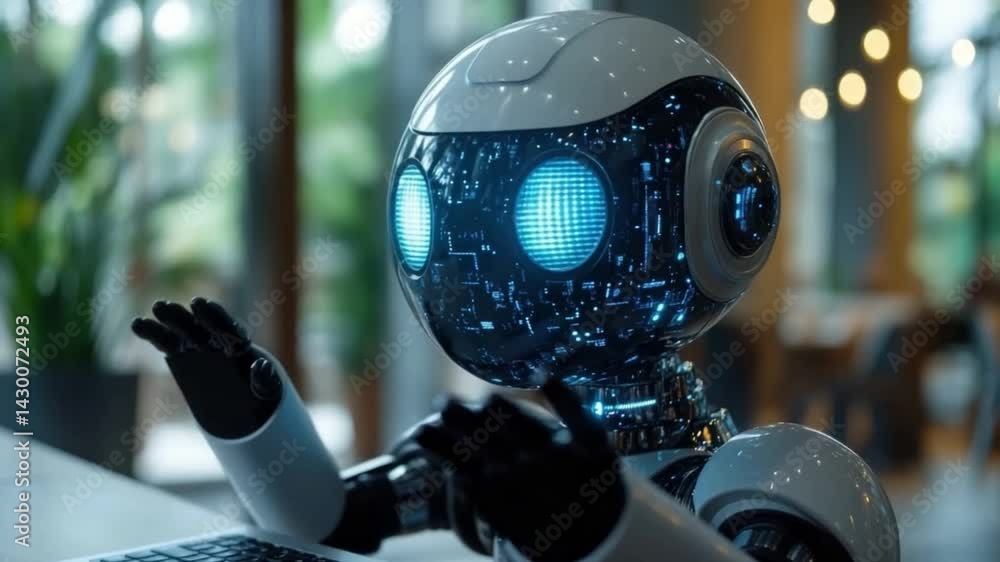 Aufkleber technological interaction: captivating depiction of a robot, with its head slightly tilted, engaging