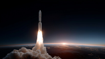 Naklejka premium Powerful Rocket Launching into Space with Earth and Sunset View