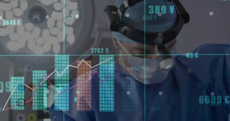 Surgeon standing under surgical lamp, reviewing overlaid financial charts and currency figures - Powered by Adobe