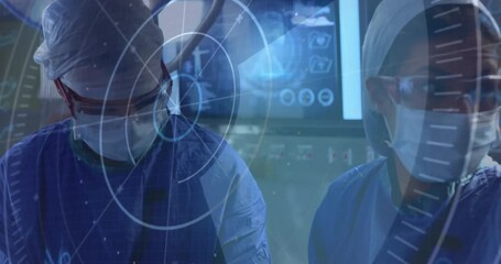 Two female surgeons collaborating in operating room, overlaying AR interface and patient data - Powered by Adobe