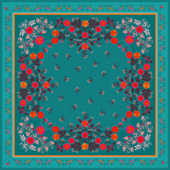 Beautiful floral print for a square scarf or carpet. Flowers, branches, leaves and berries on an emerald background. Ornamental frame.