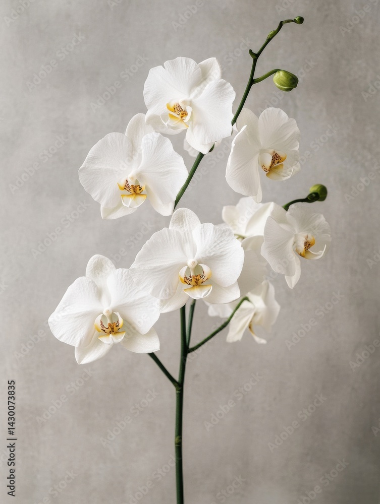 Poster close-up of a blooming orchid in a modern minimalist style against a textured gray background