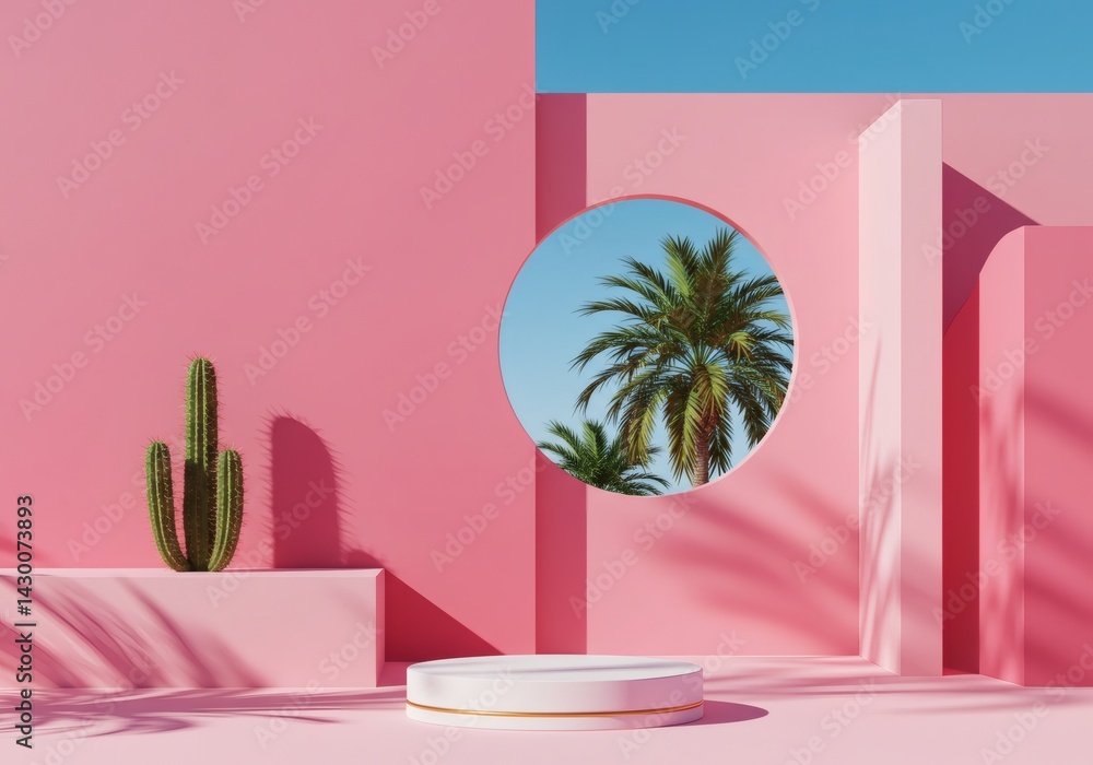Poster displaying product on podium with cactus and palm tree view