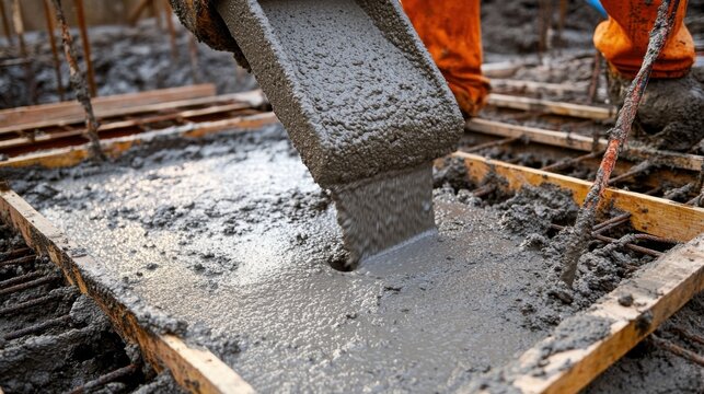 Concrete worker pouring concrete into molds at a construction site. Featuring strength and precision