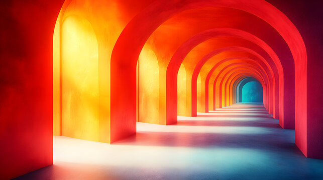 Leuchtender Arkadengang mit intensiven Farben und langem Lichtverlauf
