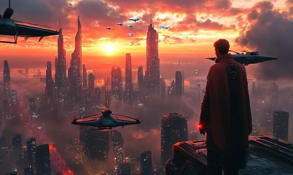 A lone figure in a futuristic cityscape at sunset, observing flying vehicles amidst clouds