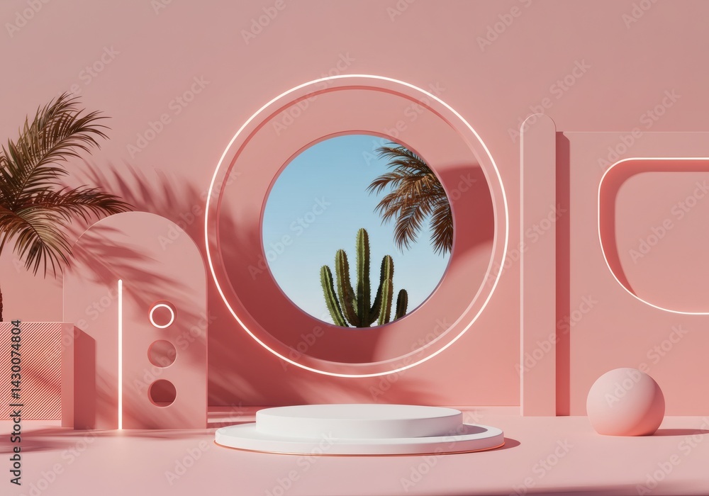 Poster minimal product display with cactus and palm tree