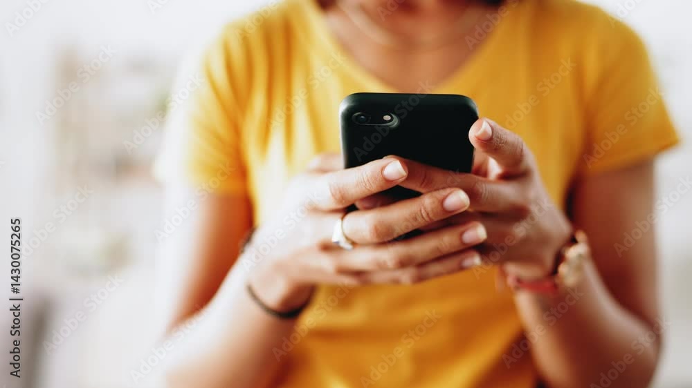 Aufkleber hands, woman and typing with phone in home for online chat, social media post and checking news upda