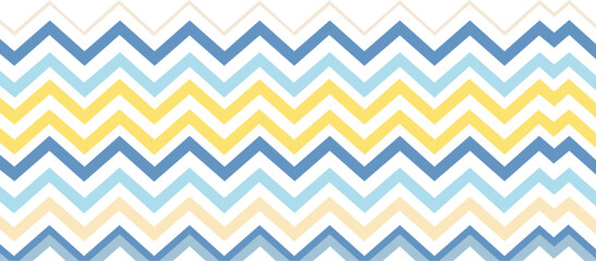 Abstract Geometric Seamless Pattern with Pastel Chevron Stripes, Clean Graphic Design in Summer-Inspired Palette of Pink, Yellow, and Blue

