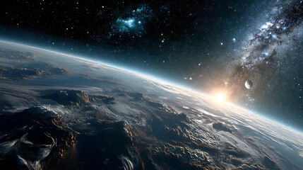 Fototapeta premium Stunning view of Earth from space at sunrise, showcasing clouds and distant celestial bodies