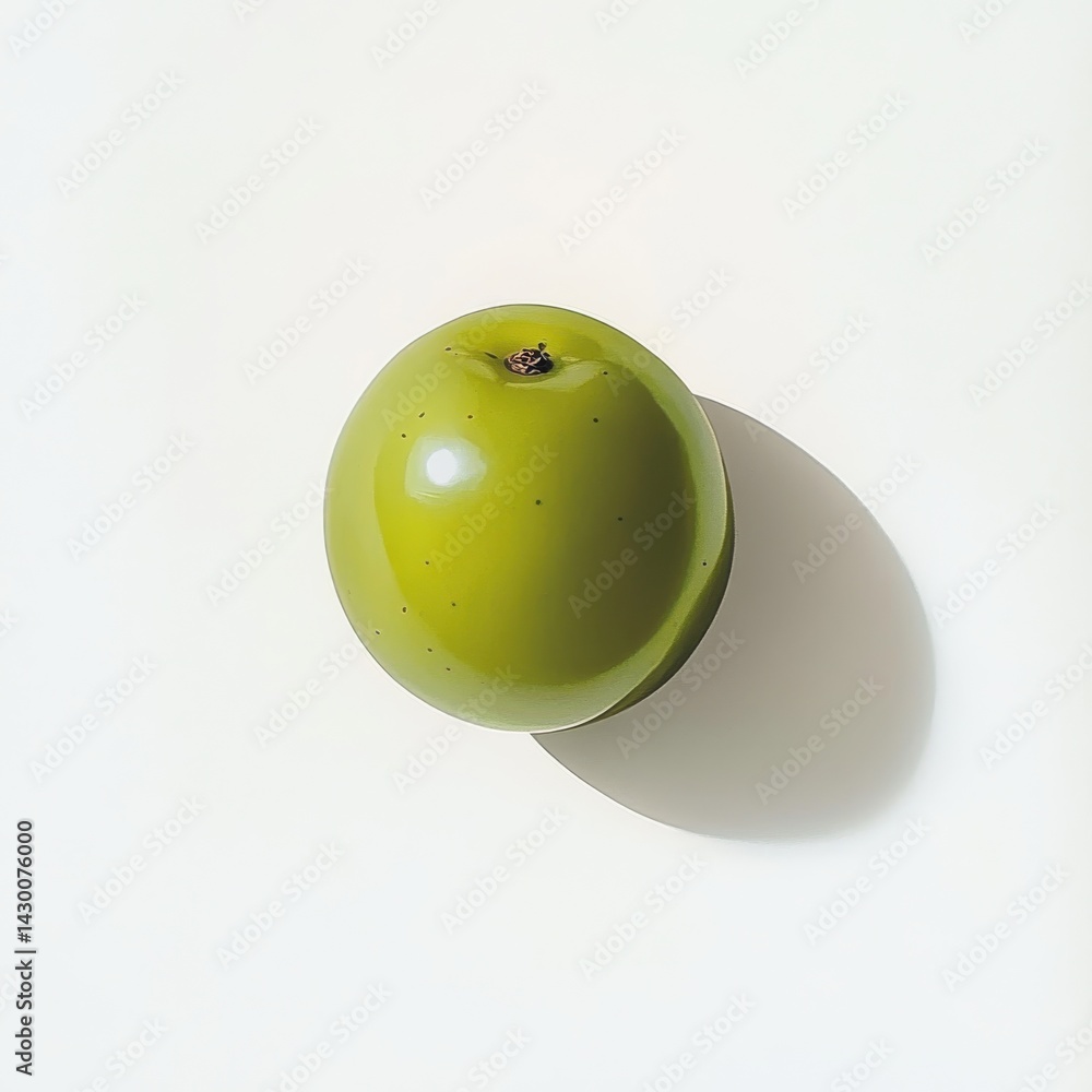 Poster A single fresh green grape with a smooth, glossy surface resting on a plain white background, casting a soft shadow, top-down studio shot