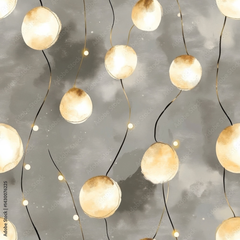 Poster dreamy watercolor light string pattern: abstract spheres and floating lights on a gray textured back