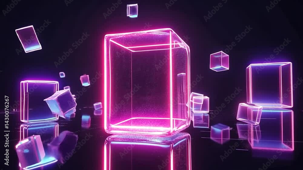 Poster neon cubes exploding; abstract background