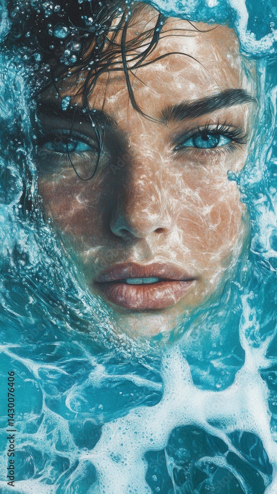 Poster Striking portrait of a woman's face partially submerged in water, creating a dreamy, ethereal effect with bubbles and distorted features