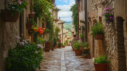 Obraz premium Charming cobblestone alley in a picturesque Italian village, lined with stone buildings and vibrant flowerpots.