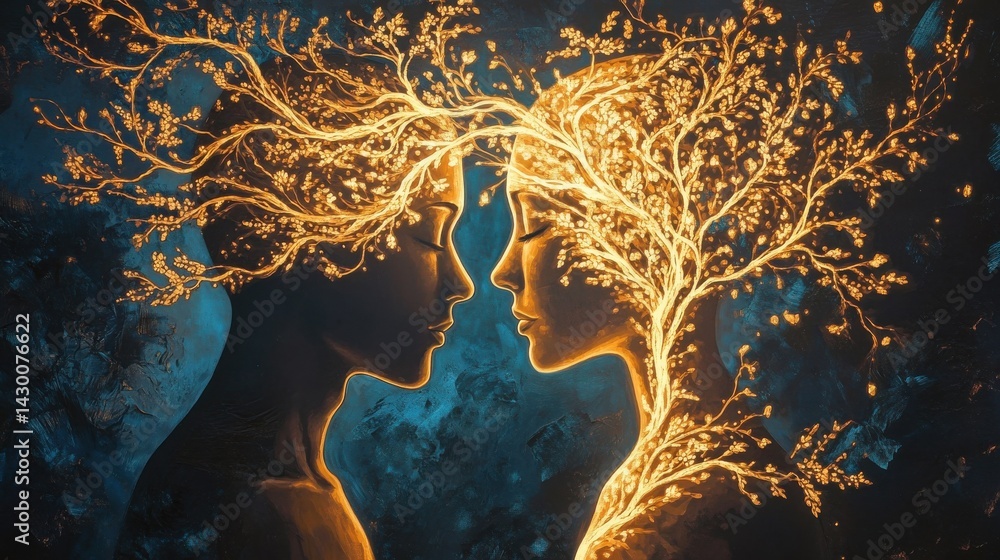 Aufkleber artistic profile: golden glow of two faces with flowering tree branches, facing each other in a roma