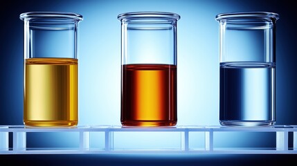 Colorful liquids in beakers showcasing chemistry experiments with yellow, orange, and blue solutions side by side in a laboratory setting