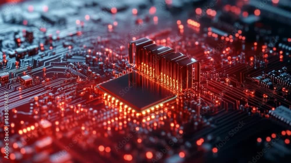 Poster futuristic circuitry: an intense close-up showcases a cutting-edge central processing unit illuminat