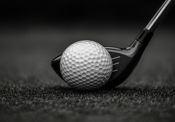 In a studio shot, a golf ball is captured in a moment of anticipation, resting on a tee and ready to be hit, with a golf club placed below, set against a stark and contrasting background