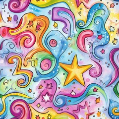 Playful Doodle Cartoon Drawings Watercolor Pattern with Swirls, Stars, and Abstract Shapes - Vibrant and Colorful