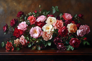 Obraz premium Vibrant floral still life showcasing a profusion of roses in various hues.