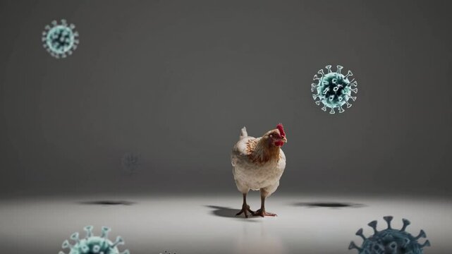 Close-up of a chicken with a virus particle nearby, symbolizing avian diseases or zoonotic transmission concepts.
