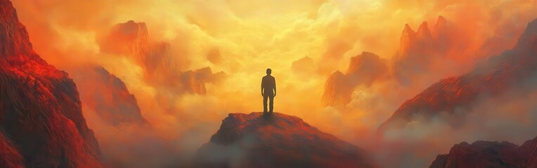 Silhouette of a Person Standing on a Peak in a Dramatic, Orange Landscape