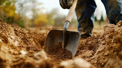 Construction laborer digging a trench with a shovel. Featuring hard work and dedication