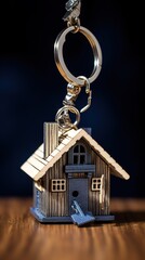 Wooden miniature house keychain home ownership concept on wooden surface