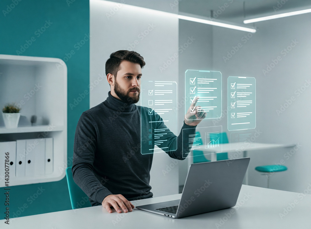 Poster bearded man touching floating digital checklists on a transparent interface with a laptop on a white