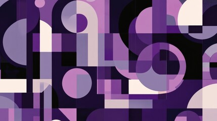 Abstract geometric composition in shades of purple featuring circles, rectangles, and dynamic interplay of shapes and colors