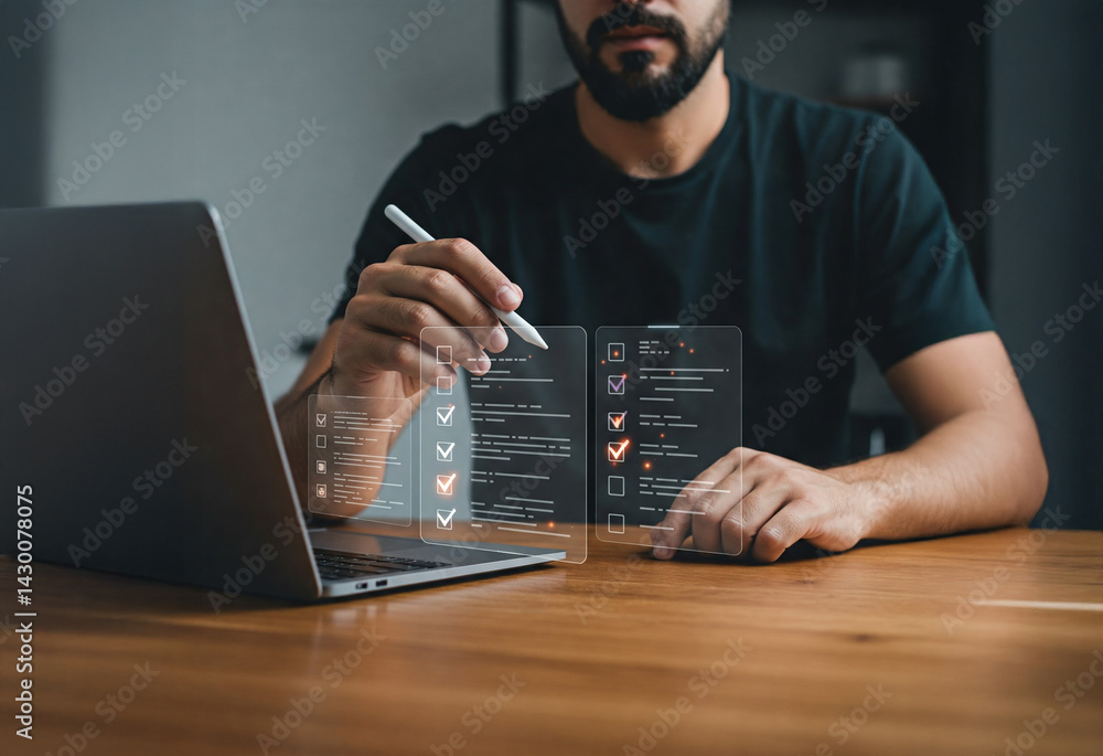 Poster bearded man using a stylus on a digital checklist interface with a laptop on a wooden desk in a diml