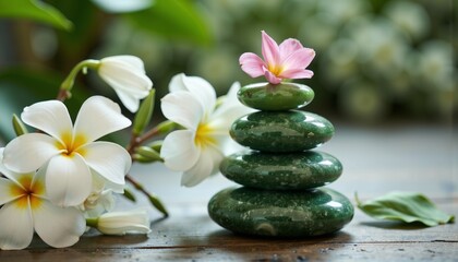 Fototapeta premium Smooth green stones stacked with a pink flower and white blossoms 