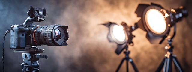 Film camera on tripod with lighting setup.