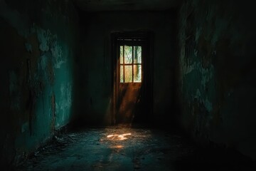 Obraz premium Open door symbolizing hope and new beginnings is captured through contrast of light and darkness. Despite worn appearance of door, it still opens to reveal light of hope waiting on other side.