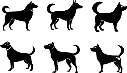 The dog silhouette icon is set in black vector features various dog poses, pet animal signs, puppy symbols, flat design elements, dog breed graphics, logo icons, labels, and minimal clip art. Perfect