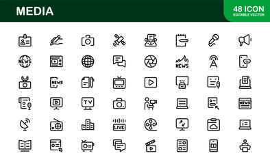 Essential Media Icon Set Vector Illustration. Includes Symbols for Media, News, Communication, and Digital Content Creation to Boost Your Designs.