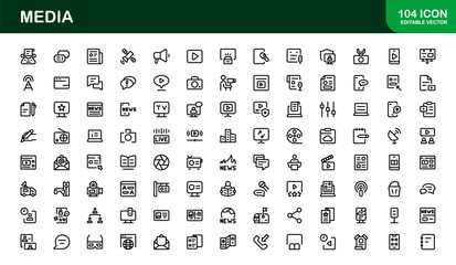 Essential Media Icon Set Vector Illustration. Includes Symbols for Media, News, Communication, and Digital Content Creation to Boost Your Designs.