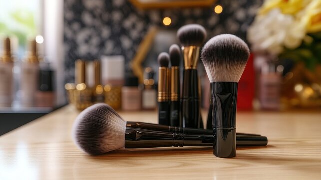Closeup of makeup brushes on vanity with beauty products in the background