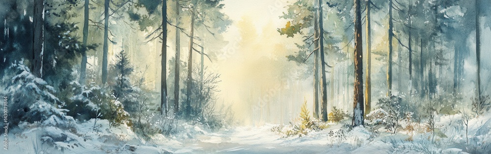 Poster serene watercolor painting of a snow-covered forest path with soft light shining through the trees