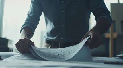 Construction manager reviewing blueprints at a building site. Featuring leadership and organization