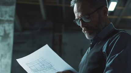 Construction manager reviewing blueprints at a building site. Featuring leadership and organization